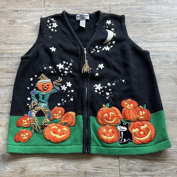 Sweaters - Halloween Sweater Vintage 90s Spooky Kitschy Festive Large Patch Black Orange